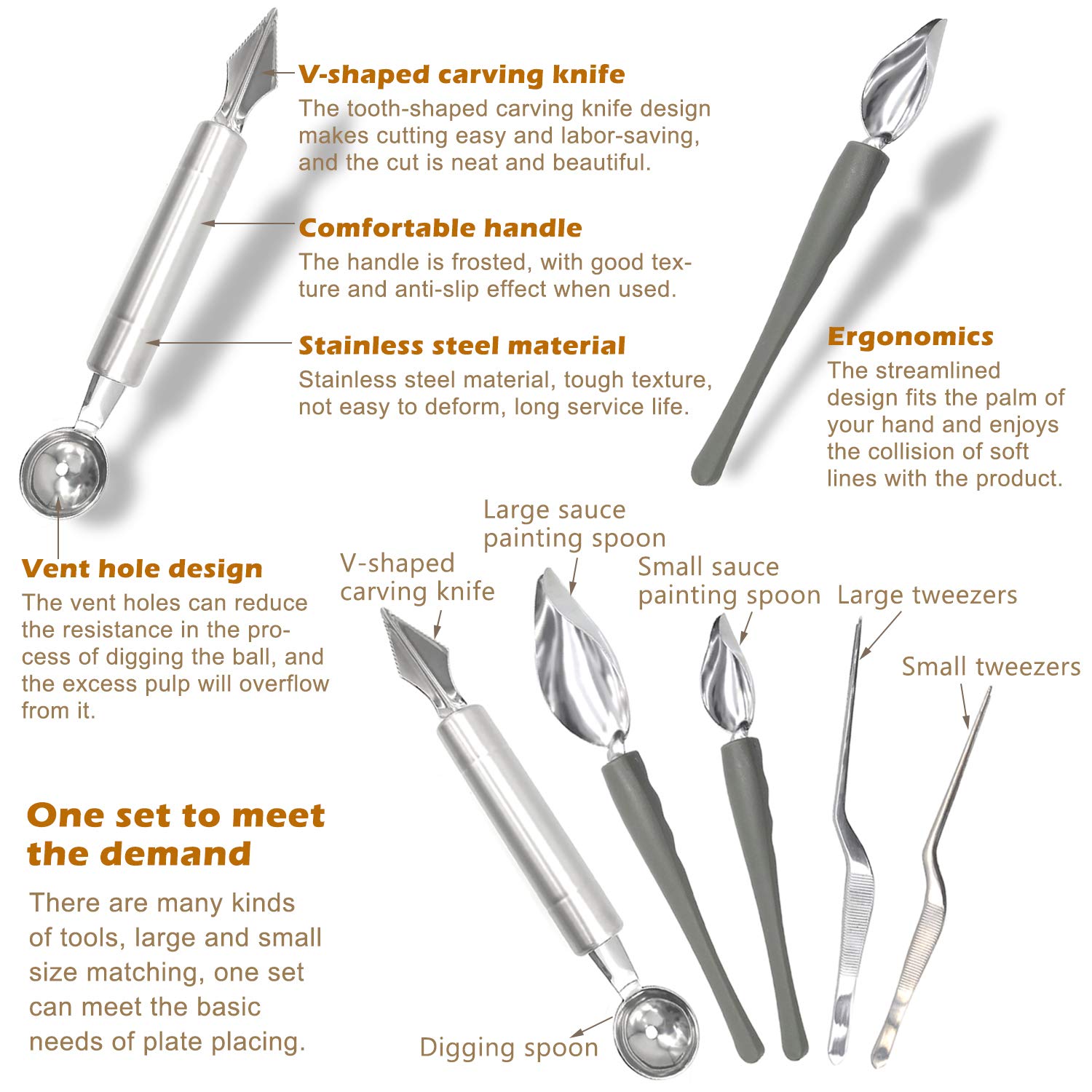 5 Pieces Culinary Drawing Decorating Spoon Set, Drizzle Spoons, Cooking Tweezers And Melon Baller Spoon, Professional Chef Tool